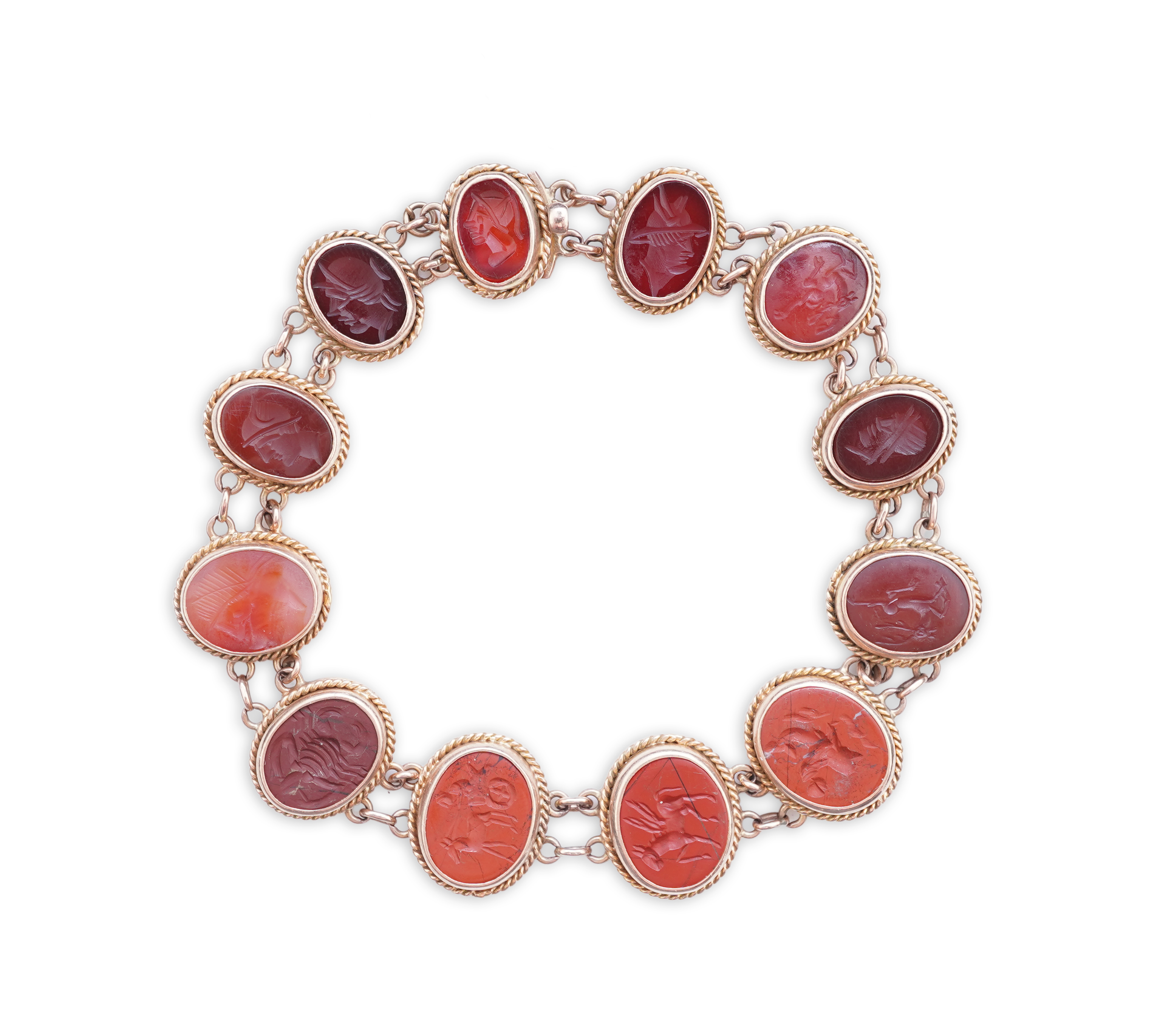 A carnelian and jasper intaglio bracelet, late 19th/early 20th century